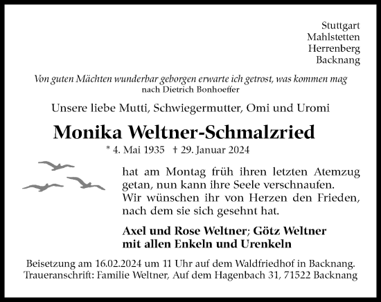 Traueranzeige von Monika Weltner-Schmalzried von Stuttgarter Zeitung / Stuttgarter Nachrichten