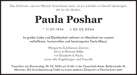 Traueranzeige von Paula Poshar von Stuttgarter Zeitung / Stuttgarter Nachrichten