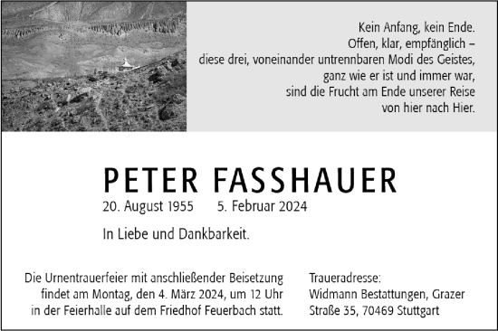Traueranzeige von Peter Fasshauer von Stuttgarter Zeitung / Stuttgarter Nachrichten
