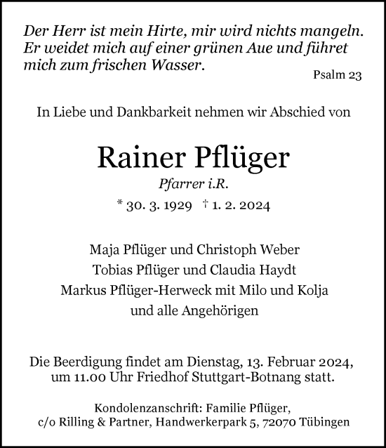 Traueranzeige von Rainer Pflüger von Stuttgarter Zeitung / Stuttgarter Nachrichten