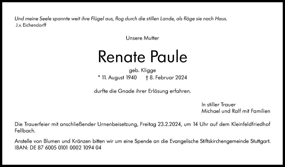  Traueranzeige für Renate Paule vom 16.02.2024 aus Stuttgarter Zeitung / Stuttgarter Nachrichten