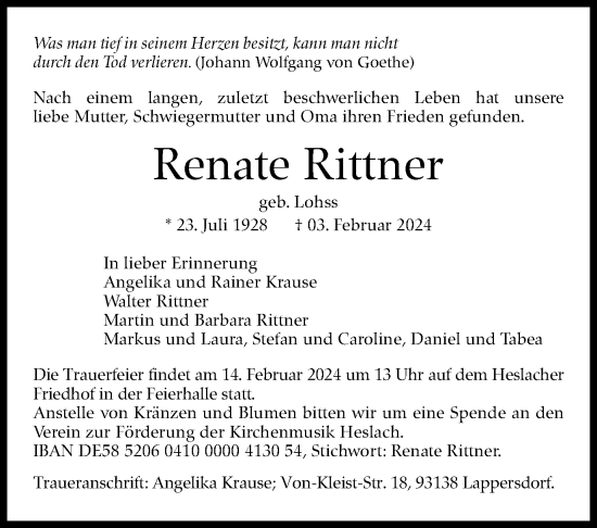 Traueranzeige von Renate Rittner von Stuttgarter Zeitung / Stuttgarter Nachrichten