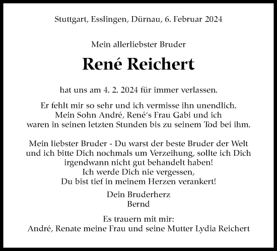 Traueranzeige von Rene Reichert von Stuttgarter Zeitung / Stuttgarter Nachrichten