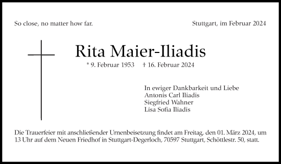 Traueranzeige von Rita Maier-Iliadis von Stuttgarter Zeitung / Stuttgarter Nachrichten