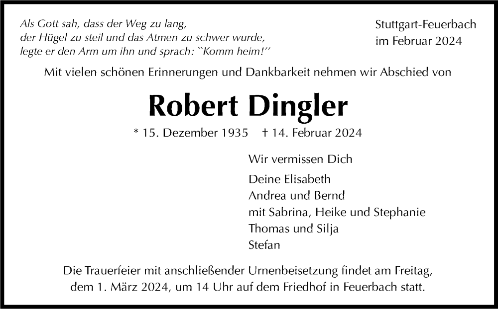  Traueranzeige für Robert Dingler vom 24.02.2024 aus Stuttgarter Zeitung / Stuttgarter Nachrichten
