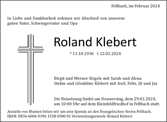 Traueranzeige von Roland Klebert von Stuttgarter Zeitung / Stuttgarter Nachrichten