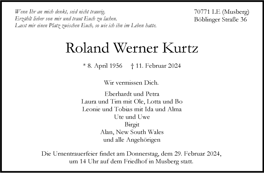  Traueranzeige für Roland Werner Kurtz vom 23.02.2024 aus Stuttgarter Zeitung / Stuttgarter Nachrichten