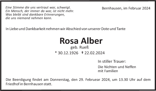 Traueranzeige von Rosa Alber von Stuttgarter Zeitung / Stuttgarter Nachrichten