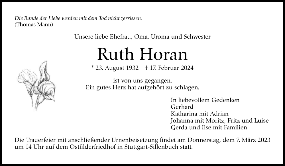  Traueranzeige für Ruth Horan vom 24.02.2024 aus Stuttgarter Zeitung / Stuttgarter Nachrichten