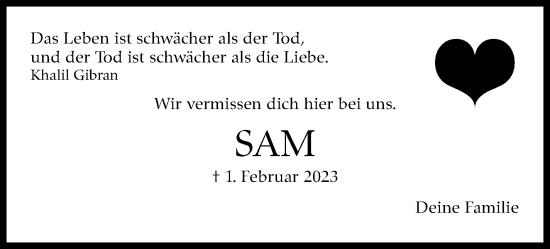 Traueranzeige von Sam  von Stuttgarter Zeitung / Stuttgarter Nachrichten