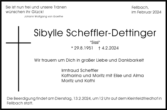 Traueranzeige von Sibylle Scheffler-Dettinger von Stuttgarter Zeitung / Stuttgarter Nachrichten