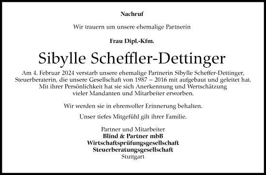 Traueranzeige von Sibylle Scheffler-Dettinger von Stuttgarter Zeitung / Stuttgarter Nachrichten