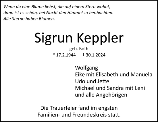 Traueranzeige von Sigrun Keppler von Stuttgarter Zeitung / Stuttgarter Nachrichten