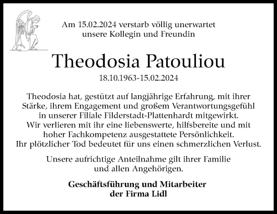 Traueranzeige von Theodosia Patouliou von Stuttgarter Zeitung / Stuttgarter Nachrichten