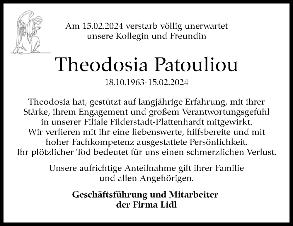  Traueranzeige für Theodosia Patouliou vom 23.02.2024 aus Stuttgarter Zeitung / Stuttgarter Nachrichten