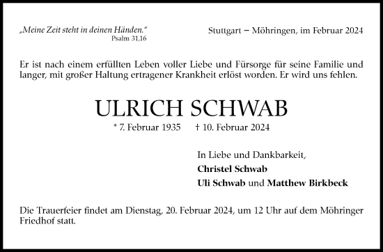 Traueranzeige von Ulrich Schwab von Stuttgarter Zeitung / Stuttgarter Nachrichten
