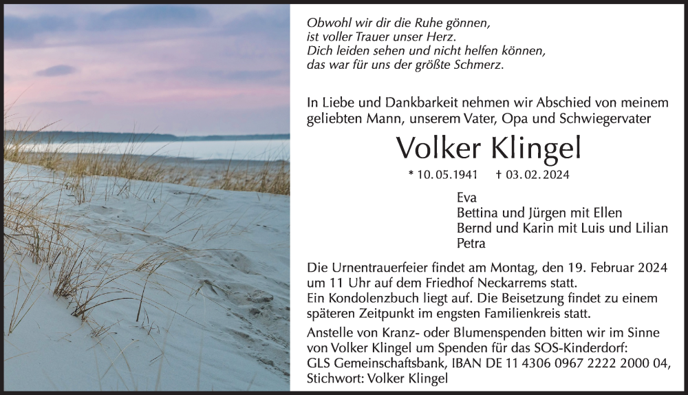  Traueranzeige für Volker Klingel vom 10.02.2024 aus Stuttgarter Zeitung / Stuttgarter Nachrichten