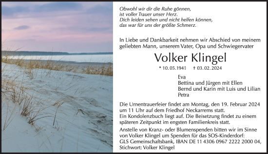 Traueranzeige von Volker Klingel von Stuttgarter Zeitung / Stuttgarter Nachrichten