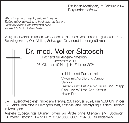 Traueranzeige von Volker Slatosch von Stuttgarter Zeitung / Stuttgarter Nachrichten