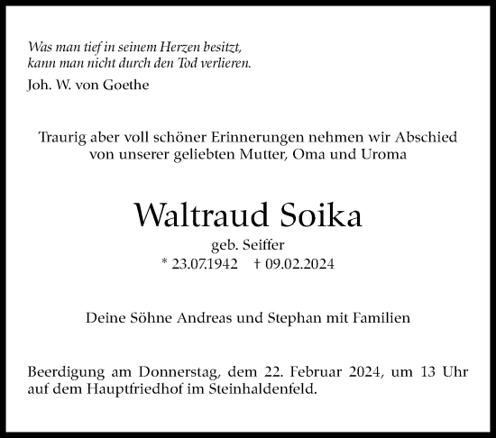 Traueranzeige von Waltraud Soika von Stuttgarter Zeitung / Stuttgarter Nachrichten