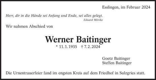 Traueranzeige von Werner Baitinger von Stuttgarter Zeitung / Stuttgarter Nachrichten
