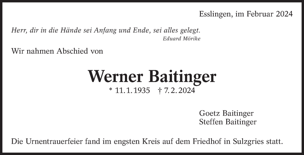  Traueranzeige für Werner Baitinger vom 24.02.2024 aus Stuttgarter Zeitung / Stuttgarter Nachrichten