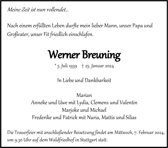 Traueranzeige von Werner Breuning von Stuttgarter Zeitung / Stuttgarter Nachrichten