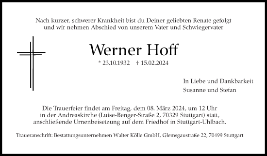 Traueranzeige von Werner Hoff von Stuttgarter Zeitung / Stuttgarter Nachrichten
