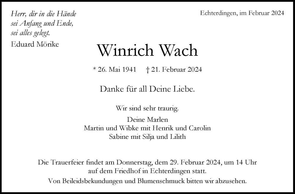  Traueranzeige für Winrich Wach vom 24.02.2024 aus Stuttgarter Zeitung / Stuttgarter Nachrichten