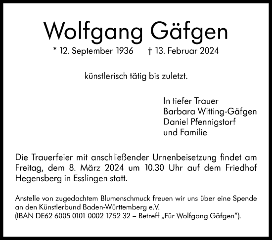 Traueranzeige von Wolfgang Gäfgen von Stuttgarter Zeitung / Stuttgarter Nachrichten