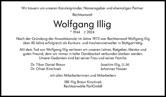 Traueranzeige von Wolfgang Illig von Stuttgarter Zeitung / Stuttgarter Nachrichten
