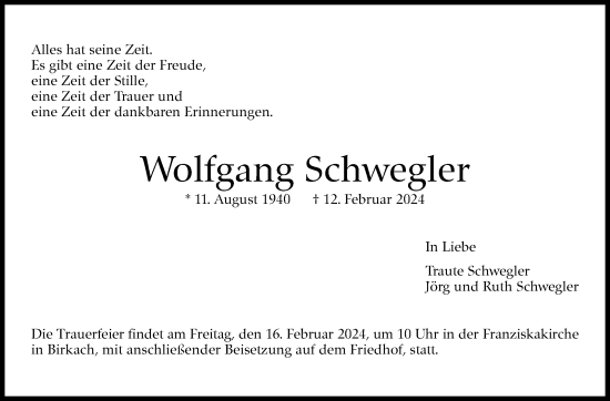Traueranzeige von Wolfgang Schwegler von Stuttgarter Zeitung / Stuttgarter Nachrichten