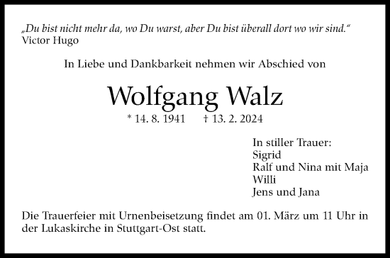 Traueranzeige von Wolfgang Walz von Stuttgarter Zeitung / Stuttgarter Nachrichten