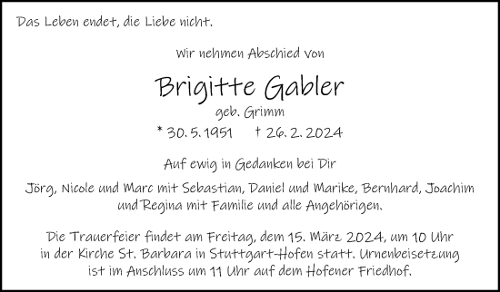 Traueranzeige von Brigitte Gabler von Stuttgarter Zeitung / Stuttgarter Nachrichten