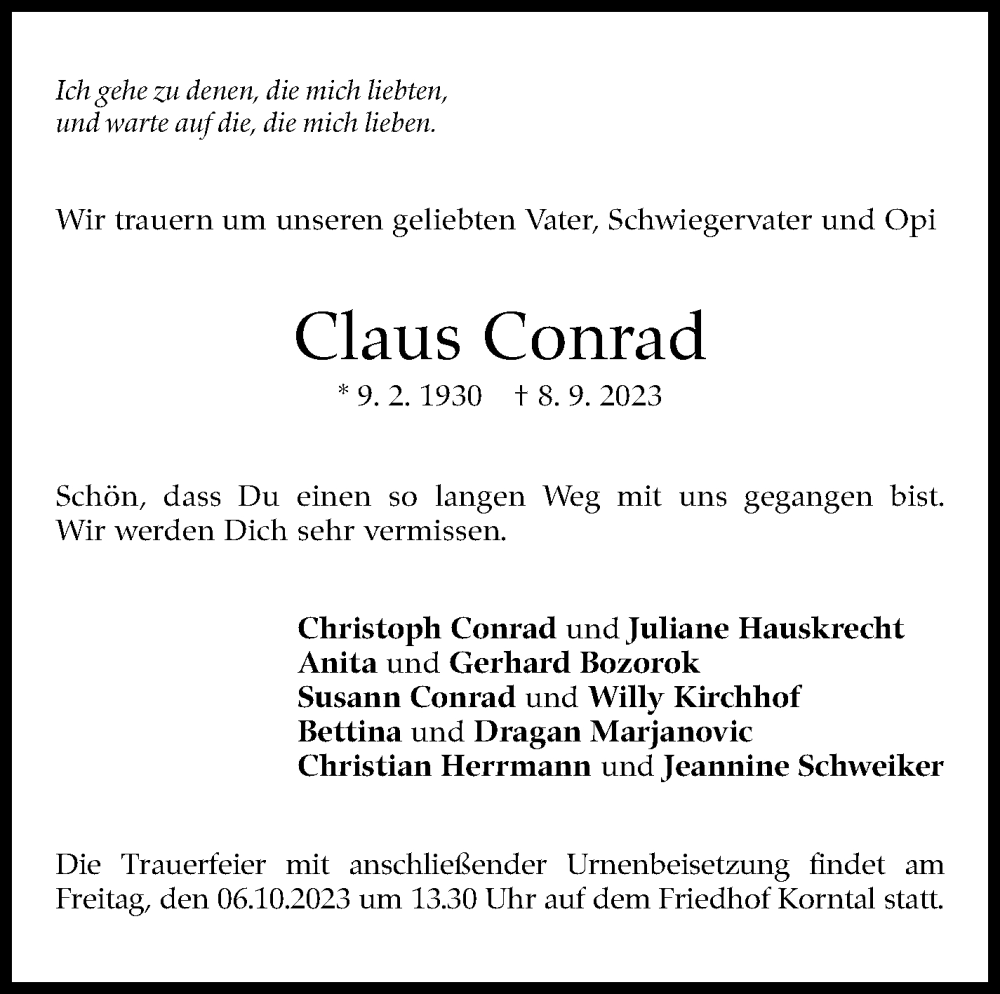  Traueranzeige für Claus Conrad vom 30.09.2023 aus Stuttgarter Zeitung / Stuttgarter Nachrichten