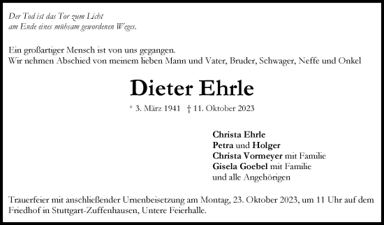 Traueranzeige von Dieter Ehrle von Stuttgarter Zeitung / Stuttgarter Nachrichten