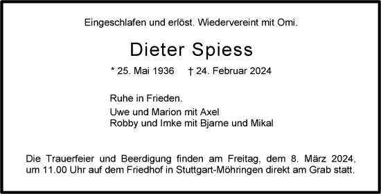 Traueranzeige von Dieter Spiess von Stuttgarter Zeitung / Stuttgarter Nachrichten