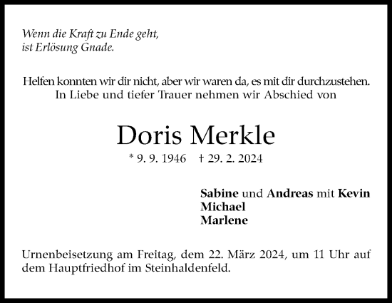 Traueranzeige von Doris Merkle von Stuttgarter Zeitung / Stuttgarter Nachrichten