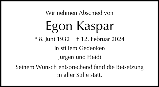 Traueranzeige von Egon Kaspar von Stuttgarter Zeitung / Stuttgarter Nachrichten