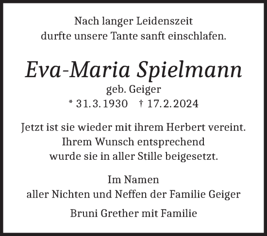 Traueranzeige von Eva-Maria Spielmann von Stuttgarter Zeitung / Stuttgarter Nachrichten