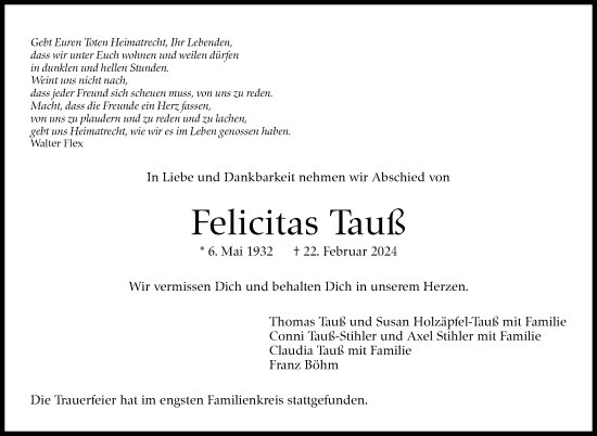 Traueranzeige von Felicitas Tauß von Stuttgarter Zeitung / Stuttgarter Nachrichten