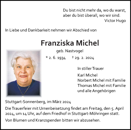 Traueranzeige von Franziska Michel von Stuttgarter Zeitung / Stuttgarter Nachrichten