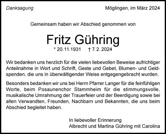 Traueranzeige von Fritz Gühring von Stuttgarter Zeitung / Stuttgarter Nachrichten