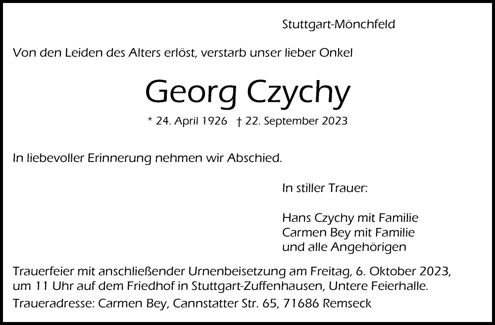 Traueranzeige für Georg Czychy vom 30.09.2023 aus Stuttgarter Zeitung / Stuttgarter Nachrichten