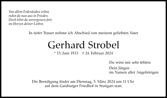 Traueranzeige von Gerhard Strobel von Stuttgarter Zeitung / Stuttgarter Nachrichten