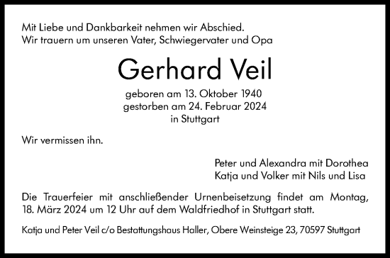 Traueranzeige von Gerhard Veil von Stuttgarter Zeitung / Stuttgarter Nachrichten