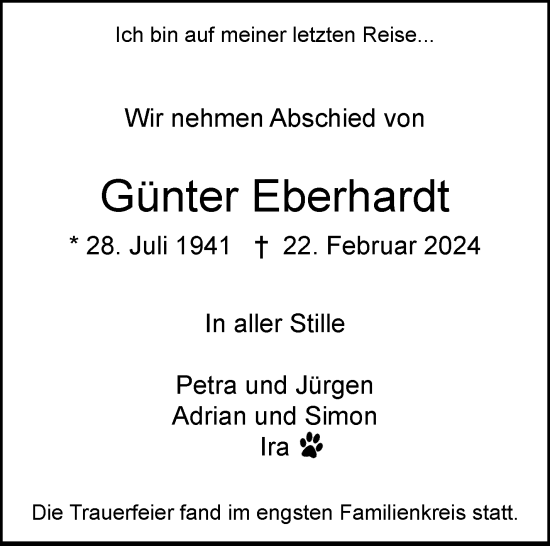 Traueranzeige von Günter Eberhardt von Stuttgarter Zeitung / Stuttgarter Nachrichten