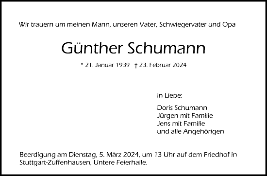 Traueranzeige von Günther Schumann von Stuttgarter Zeitung / Stuttgarter Nachrichten