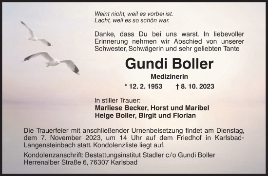 Traueranzeige von Gundi Boller von Stuttgarter Zeitung / Stuttgarter Nachrichten