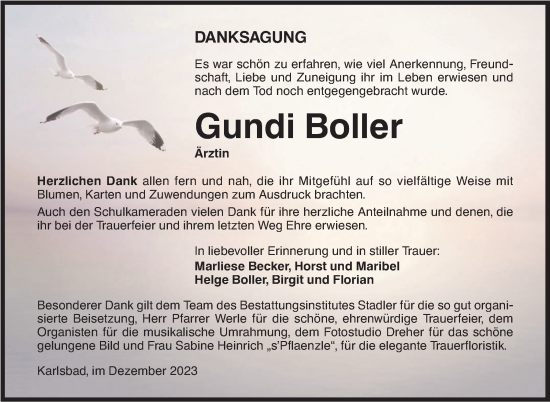 Traueranzeige von Gundi Boller von Stuttgarter Zeitung / Stuttgarter Nachrichten